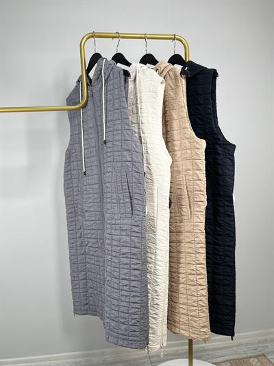 7631 Kapşonlu Boy Fermuarlı Ekose Dikişli Yelek