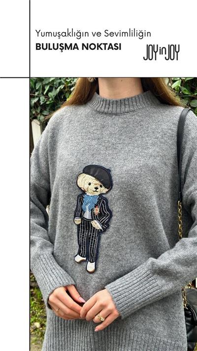 7646 Şardonlu Ayıcık Desenli Bisiklet Yaka Kazak