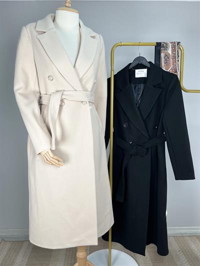 K3120 Önü Düğmeli Kuşaklı Uzun Kaşe Kaban