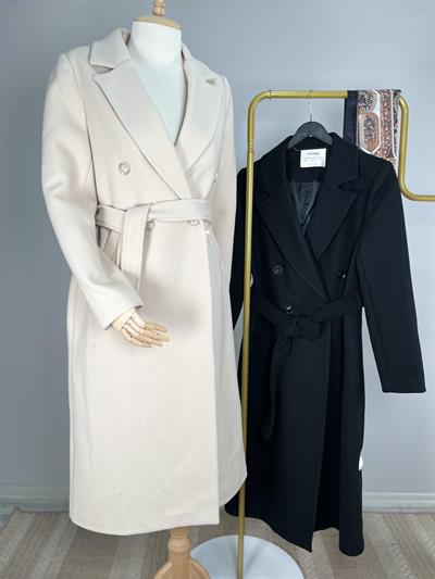 K3120 Önü Düğmeli Kuşaklı Uzun Kaşe Kaban