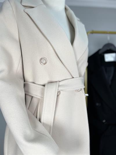 K3120 Önü Düğmeli Kuşaklı Uzun Kaşe Kaban