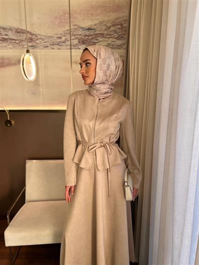 PR695 Önü Fermuarlı Bağıcıklı Etekli Süet Takım