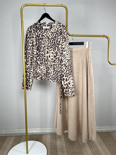 PR697 Leopar Desenli Fermuarlı Süet Takım