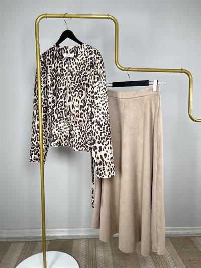 PR697 Leopar Desenli Fermuarlı Süet Takım