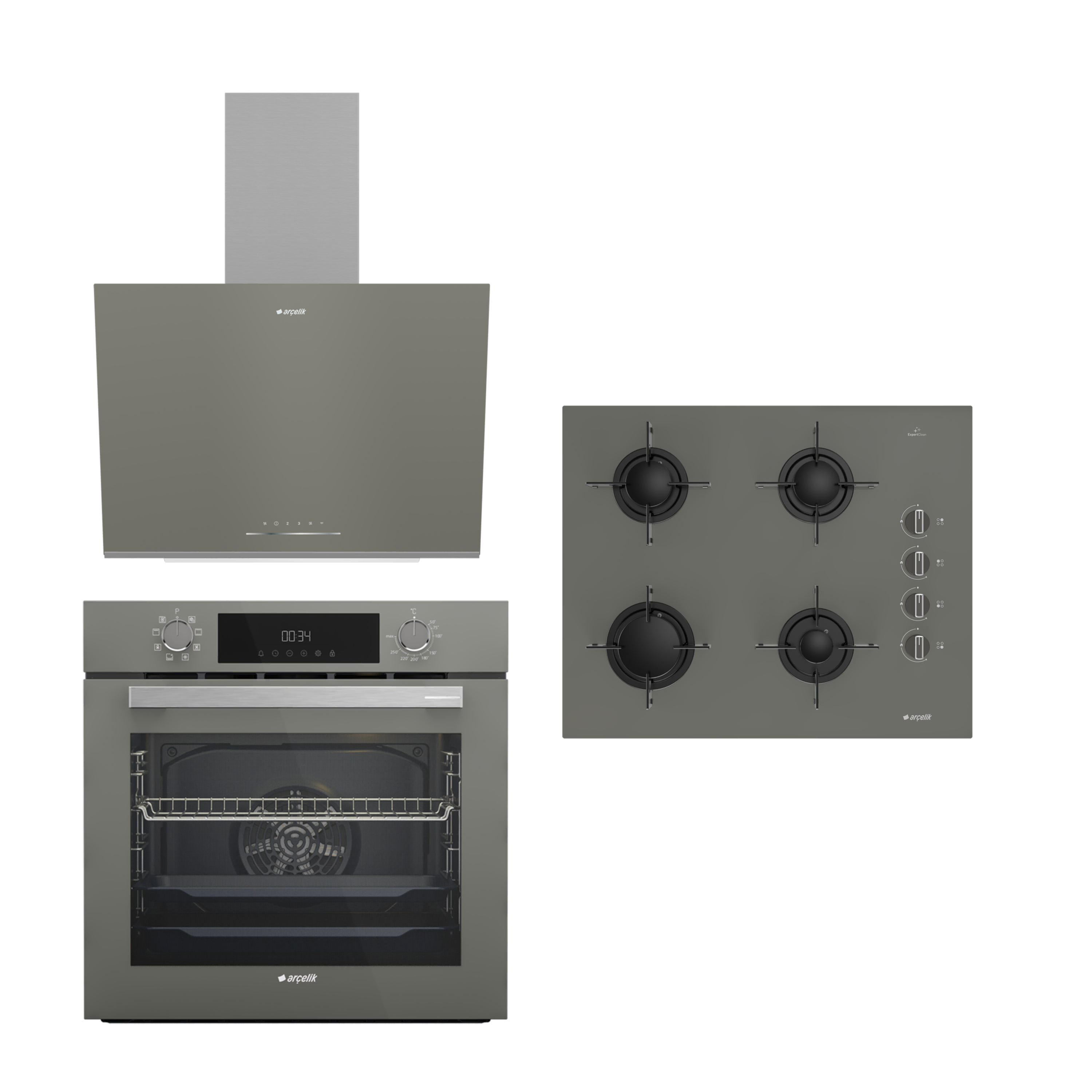 Arçelik Yeni Gri 3'lü Buhar Destekli Cam Ankastre Çeyiz Seti