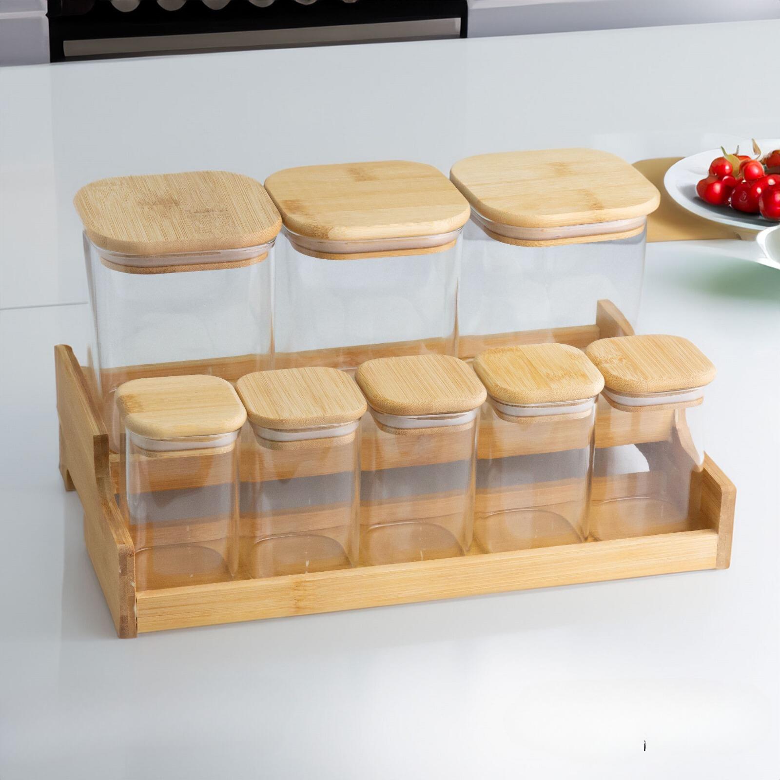 8 Parça Bambu Standlı Kare Kavanoz Seti