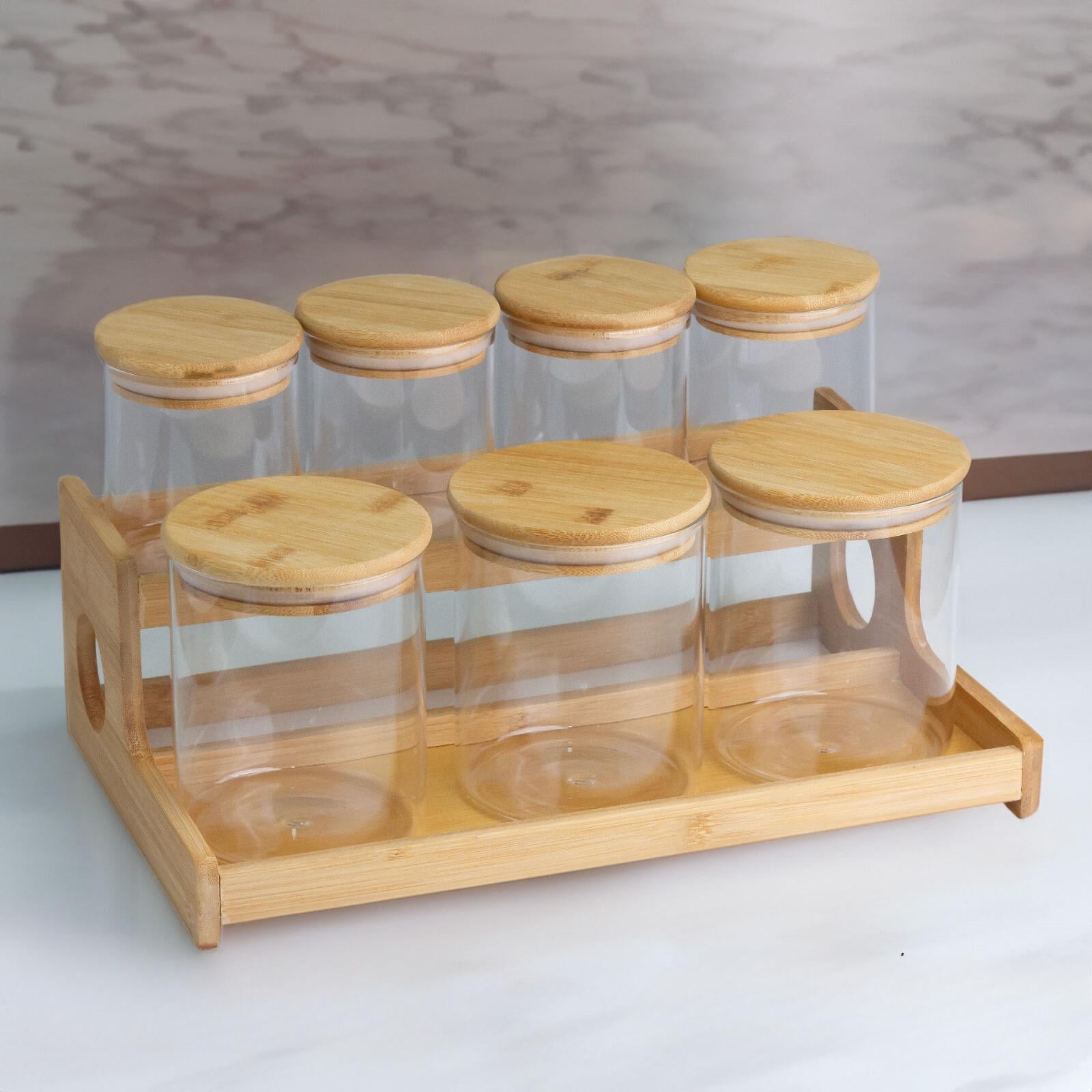 8 Parça Bambu Standlı Yuvarlak Kavanoz Seti