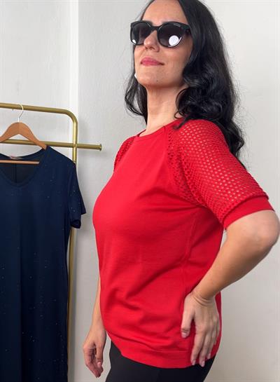 AJUR DETAYLI KISA KOLLU KIRMIZI TRİKO BLUZ