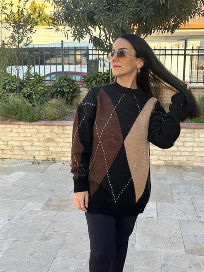 BAKLAVA DESEN TRİKO KAZAK SİYAH KAHVERENGİ
