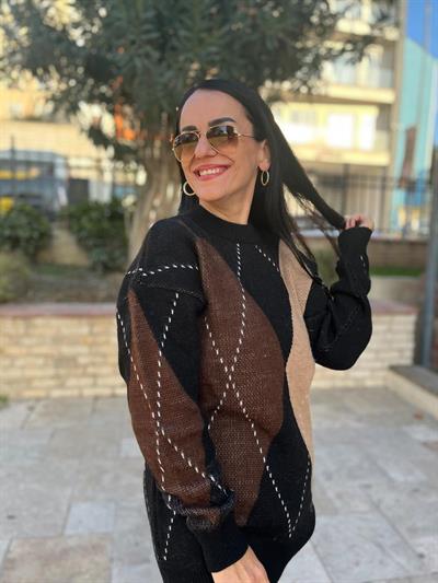 BAKLAVA DESEN TRİKO KAZAK SİYAH KAHVERENGİ
