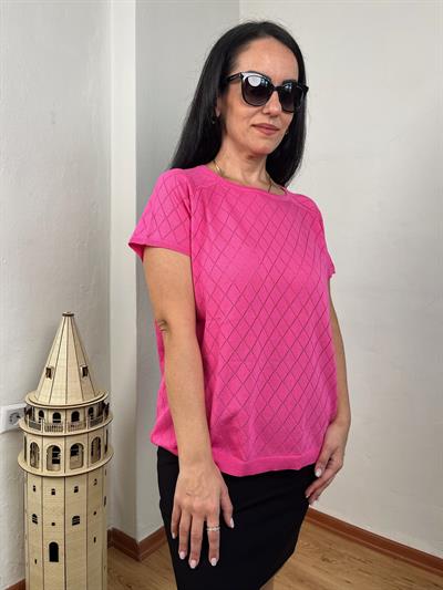 BAKLAVA DESENLİ KISA KOLLU FUŞYA TRİKO BLUZ