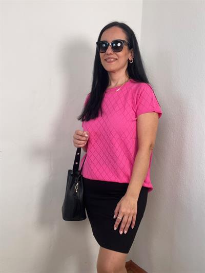 BAKLAVA DESENLİ KISA KOLLU FUŞYA TRİKO BLUZ