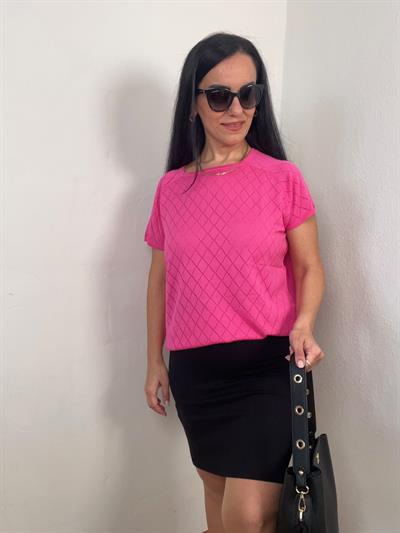 BAKLAVA DESENLİ KISA KOLLU FUŞYA TRİKO BLUZ