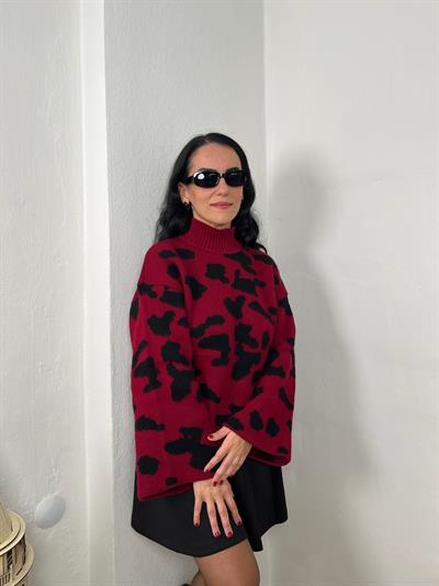 BALIKÇI YAKA BORDO LEOPAR DESEN KAZAK
