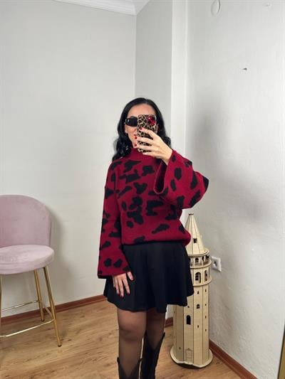 BALIKÇI YAKA BORDO LEOPAR DESEN KAZAK