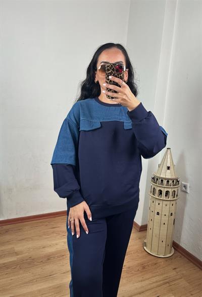 BİSİKLET YAKA KOT DETAYLI LACİVERT TAKIM