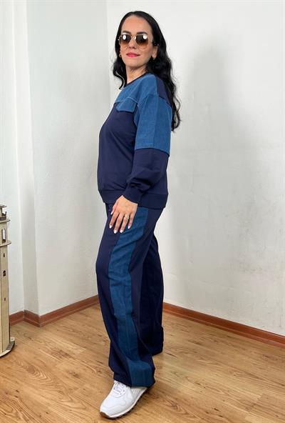 BİSİKLET YAKA KOT DETAYLI LACİVERT TAKIM