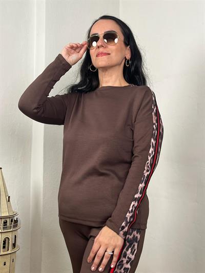 BİSİKLET YAKA LEOPAR ŞERİTLİ MODAL KAHVERENGİ TAKIM