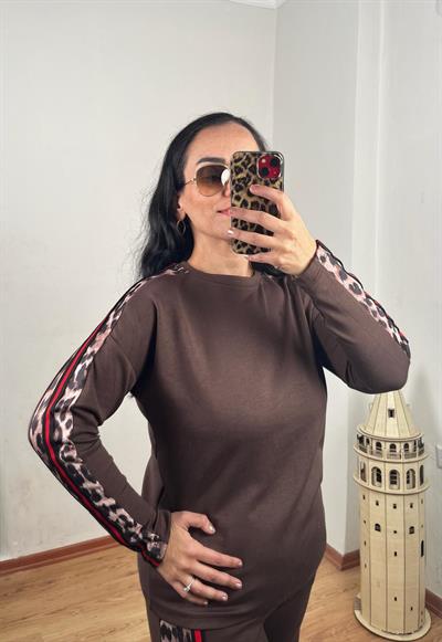 BİSİKLET YAKA LEOPAR ŞERİTLİ MODAL KAHVERENGİ TAKIM