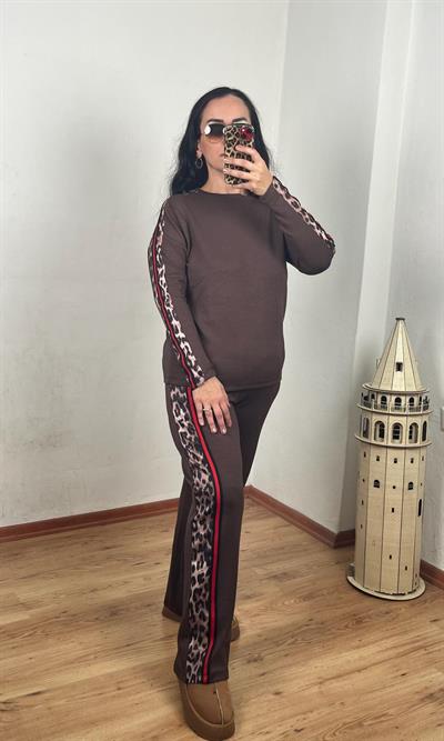 BİSİKLET YAKA LEOPAR ŞERİTLİ MODAL KAHVERENGİ TAKIM