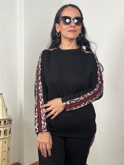 BİSİKLET YAKA LEOPAR ŞERİTLİ MODAL SİYAH TAKIM