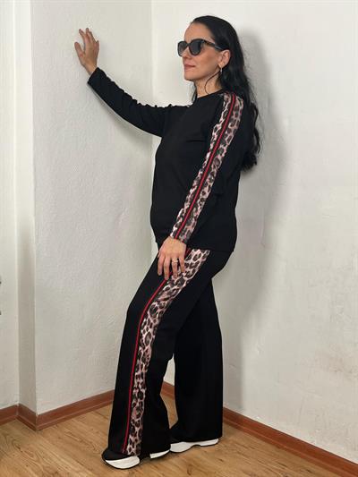 BİSİKLET YAKA LEOPAR ŞERİTLİ MODAL SİYAH TAKIM