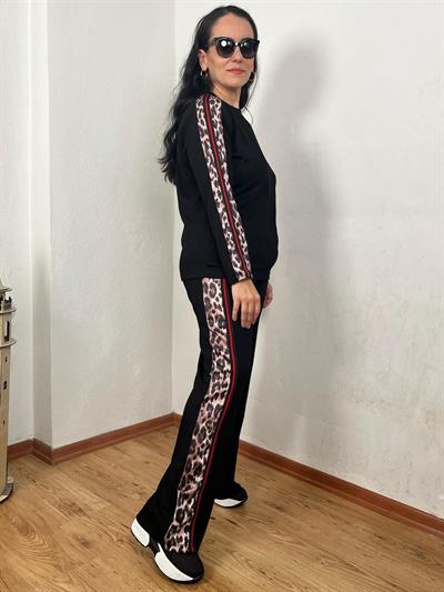 BİSİKLET YAKA LEOPAR ŞERİTLİ MODAL SİYAH TAKIM