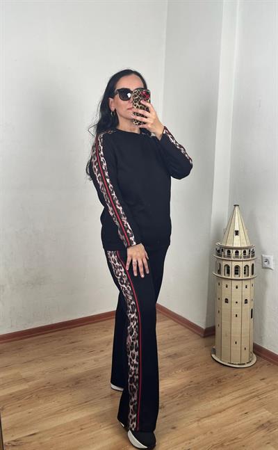 BİSİKLET YAKA LEOPAR ŞERİTLİ MODAL SİYAH TAKIM