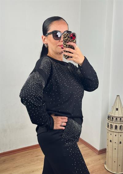 BİSİKLET YAKA OYSH KUMAŞ TAŞ DETAYLI UZUN KULLU SİYAH TAKIM