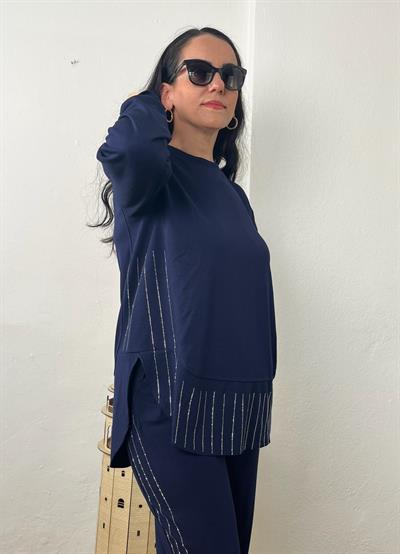 BİSİKLET YAKA PARÇALI SU YOLU TAŞLI MODAL LACİVERT TAKIM