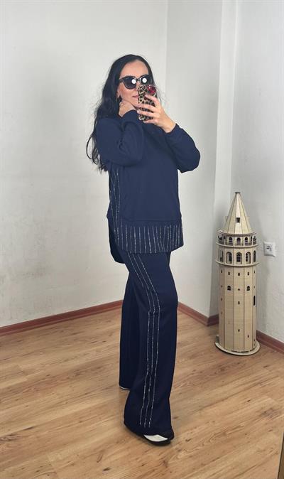 BİSİKLET YAKA PARÇALI SU YOLU TAŞLI MODAL LACİVERT TAKIM