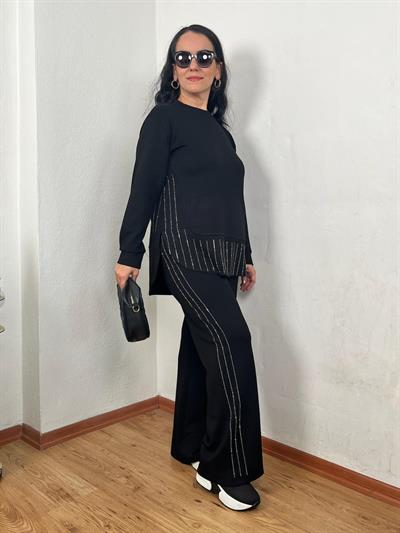 BİSİKLET YAKA PARÇALI SU YOLU TAŞLI MODAL SİYAH TAKIM