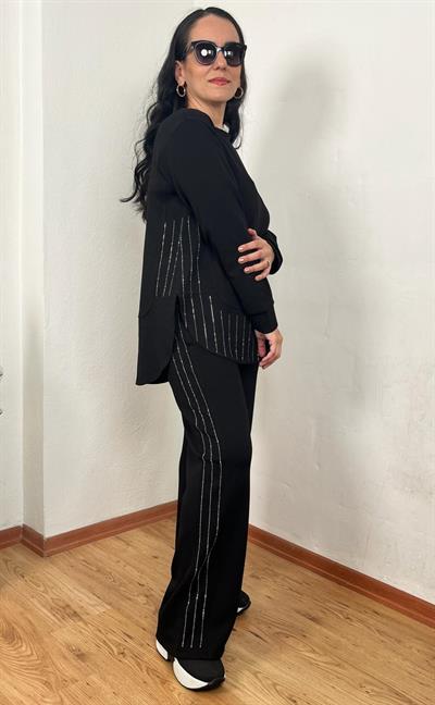 BİSİKLET YAKA PARÇALI SU YOLU TAŞLI MODAL SİYAH TAKIM