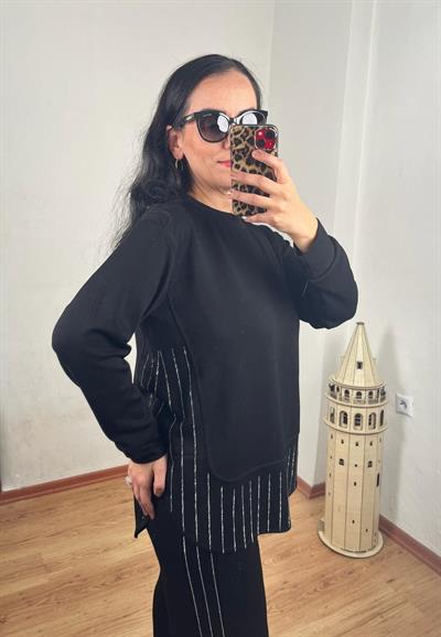 BİSİKLET YAKA PARÇALI SU YOLU TAŞLI MODAL SİYAH TAKIM