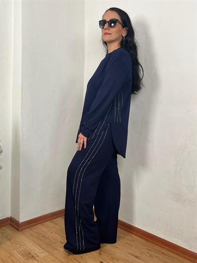 BİSİKLET YAKA PARÇALI SU YOLU TAŞLI MODAL LACİVERT TAKIM