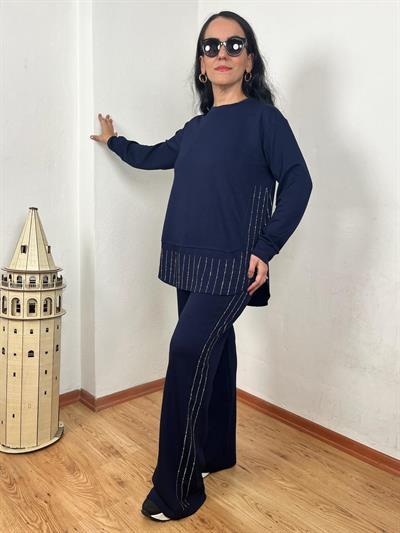 BİSİKLET YAKA PARÇALI SU YOLU TAŞLI MODAL LACİVERT TAKIM