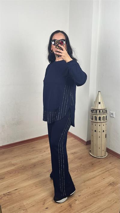 BİSİKLET YAKA PARÇALI SU YOLU TAŞLI MODAL LACİVERT TAKIM