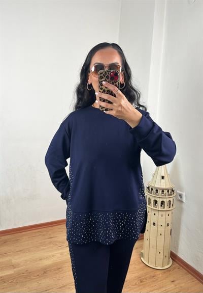BİSİKLET YAKA PARÇALI TAŞLI MODAL LACİVERT TAKIM