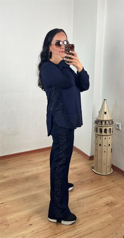 BİSİKLET YAKA PARÇALI TAŞLI MODAL LACİVERT TAKIM