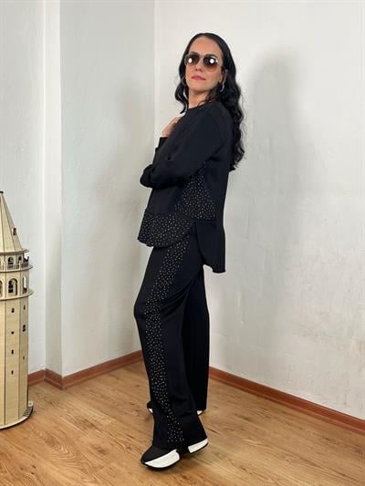 BİSİKLET YAKA PARÇALI TAŞLI MODAL SİYAH TAKIM