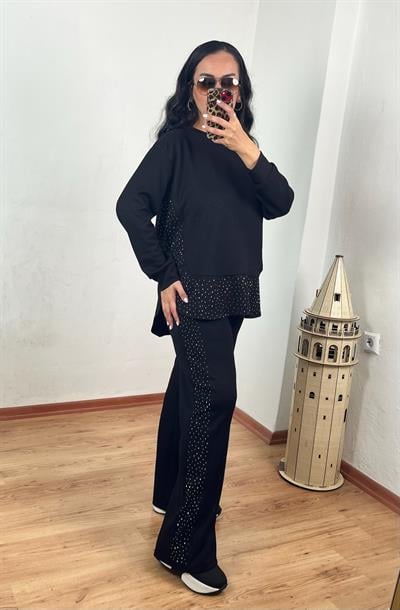 BİSİKLET YAKA PARÇALI TAŞLI MODAL SİYAH TAKIM