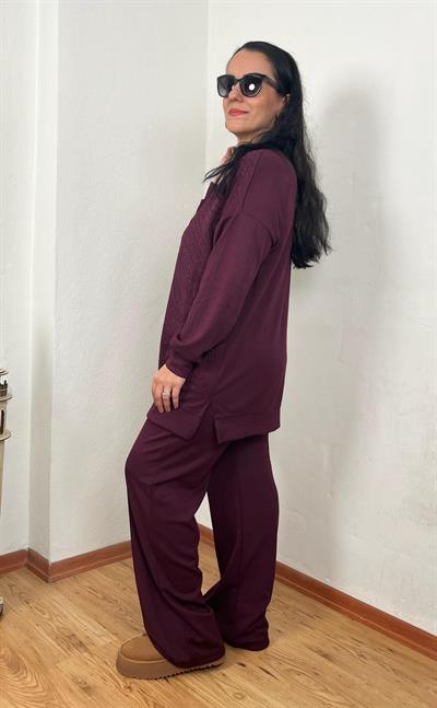 BİSİKLET YAKA SPİRAL TAŞ DİZAYN MODAL BORDO TUNİK TAKIM