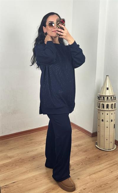 BİSİKLET YAKA SPİRAL TAŞ DİZAYN MODAL LACİVERT TUNİK TAKIM