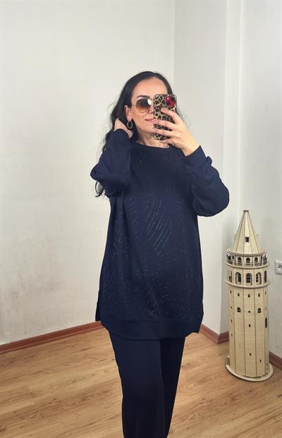BİSİKLET YAKA SPİRAL TAŞ DİZAYN MODAL LACİVERT TUNİK TAKIM