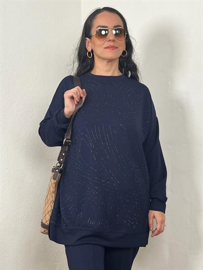 BİSİKLET YAKA SPİRAL TAŞ DİZAYN MODAL LACİVERT TUNİK TAKIM