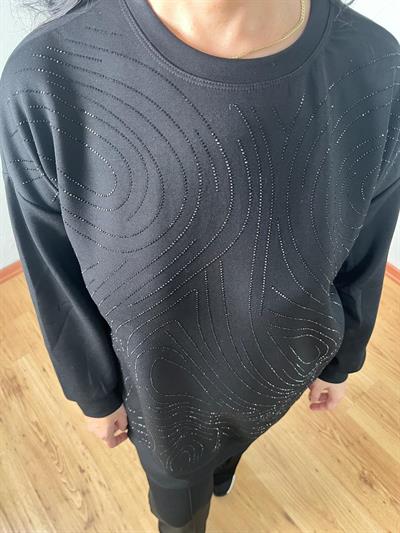 BİSİKLET YAKA SPİRAL TAŞ DİZAYN MODAL SİYAH TUNİK TAKIM