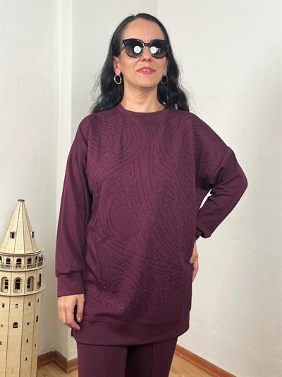 BİSİKLET YAKA SPİRAL TAŞ DİZAYN MODAL BORDO TUNİK TAKIM