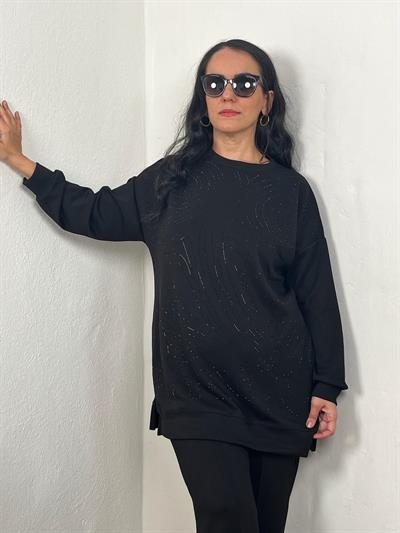 BİSİKLET YAKA SPİRAL TAŞ DİZAYN MODAL SİYAH TUNİK TAKIM