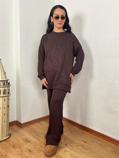 BİSİKLET YAKA SPİRAL TAŞ DİZAYN MODAL KAHVERENGİ TUNİK TAKIM