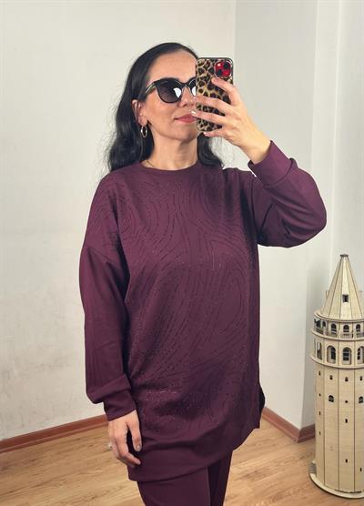 BİSİKLET YAKA SPİRAL TAŞ DİZAYN MODAL BORDO TUNİK TAKIM